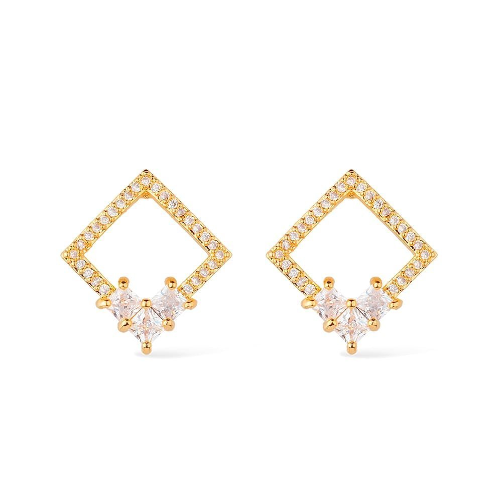 Brinco dourado quadrado com 30 pedras de zircônia, semijoias de alta qualidade, 18k e 24k antialérgicas, 1,8cm x 1,7cm.