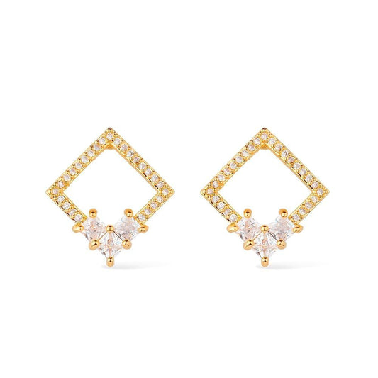 Brinco dourado quadrado com 30 pedras de zircônia, semijoias de alta qualidade, 18k e 24k antialérgicas, 1,8cm x 1,7cm.