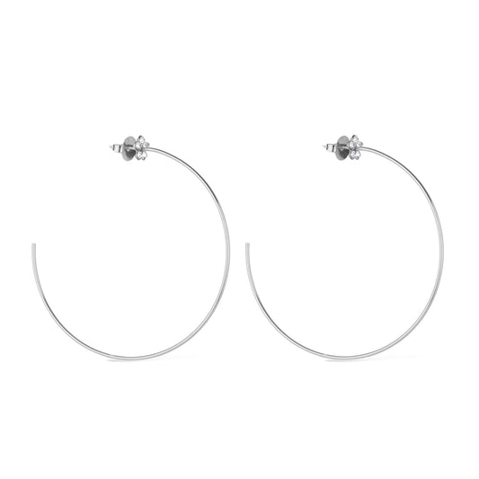 Brinco Prateado de Argola com Flor em Strass