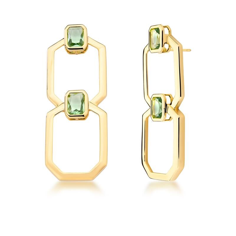Brinco Vertilux 2 Elos com cristal, ouro 18k e 24k, semijoia antialérgica de alta qualidade, altura 5,9cm, largura 2,2cm.