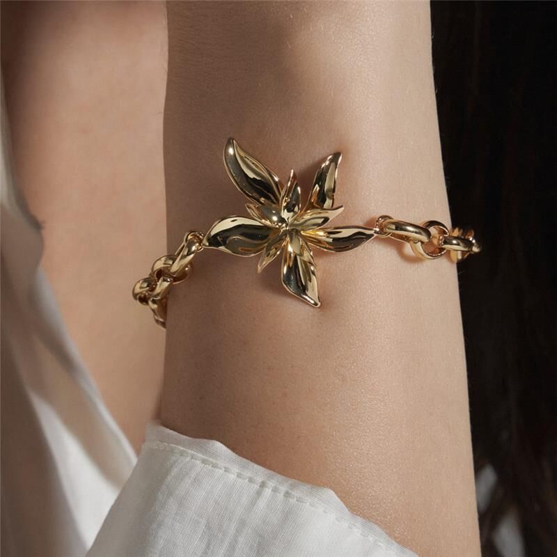 Pulseira Orquídea Dourada, semijoia de alta qualidade, antialérgica, acabamento liso, ouro em 18k e 24k, 19cm, 15,10g.
