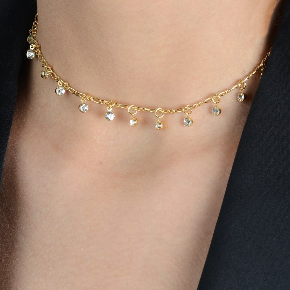 Choker dourada pontos de luz com extensor antialérgica, semijoia de alta qualidade banhada a ouro 24K, espessura 0,3cm.