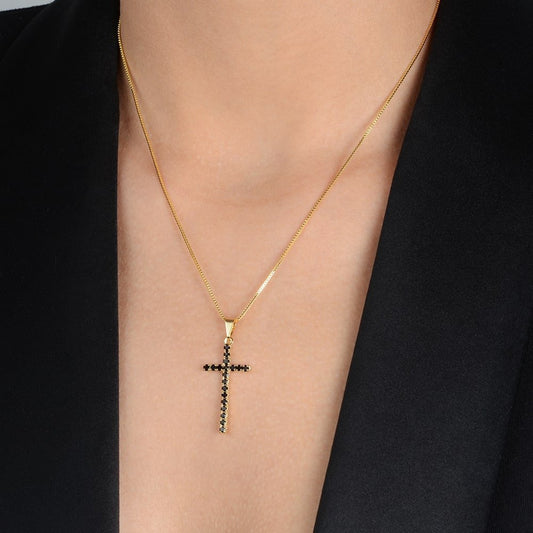 Colar dourado de cruz com pedras negras, 18k e 24k, antialérgico, semijoia de alta qualidade, pendente de 1,5cm x 3cm, 45cm de comprimento.
