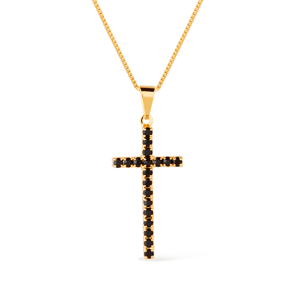 Colar cruz cravejado com pedras negras, semijoia de alta qualidade 24k antialérgica, tamanho 45cm, acabamento em ouro 24k.