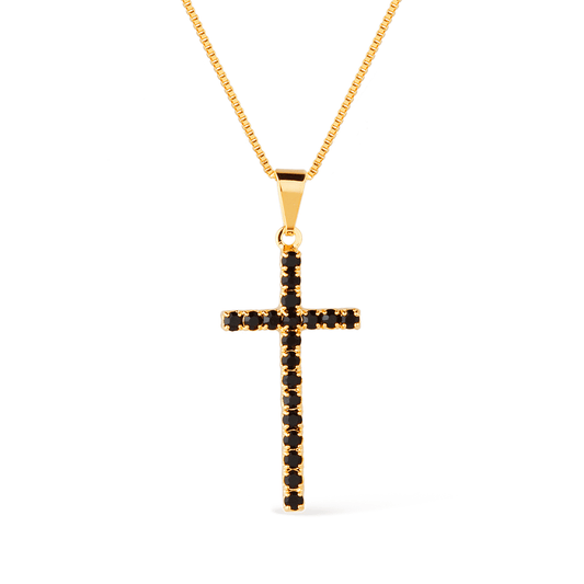 Colar cruz cravejado com pedras negras, semijoia de alta qualidade 24k antialérgica, tamanho 45cm, acabamento em ouro 24k.