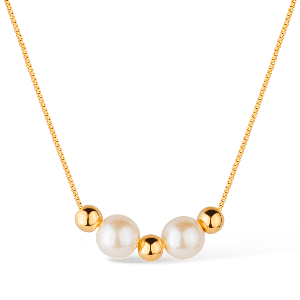 Colar dourado com pérolas e esferas, semijoia antialérgica de alta qualidade em 18k e 24k, perfeito para qualquer ocasião.