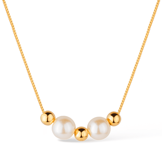 Colar dourado com pérolas e esferas, semijoia antialérgica de alta qualidade em 18k e 24k, perfeito para qualquer ocasião.