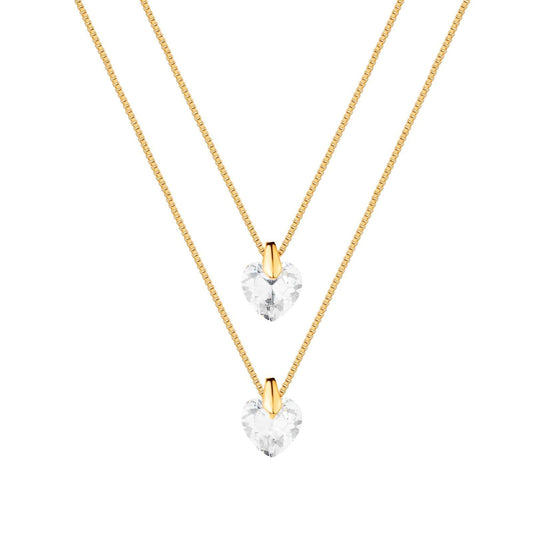 Colar Dourado Duplo de Coração em Cristal