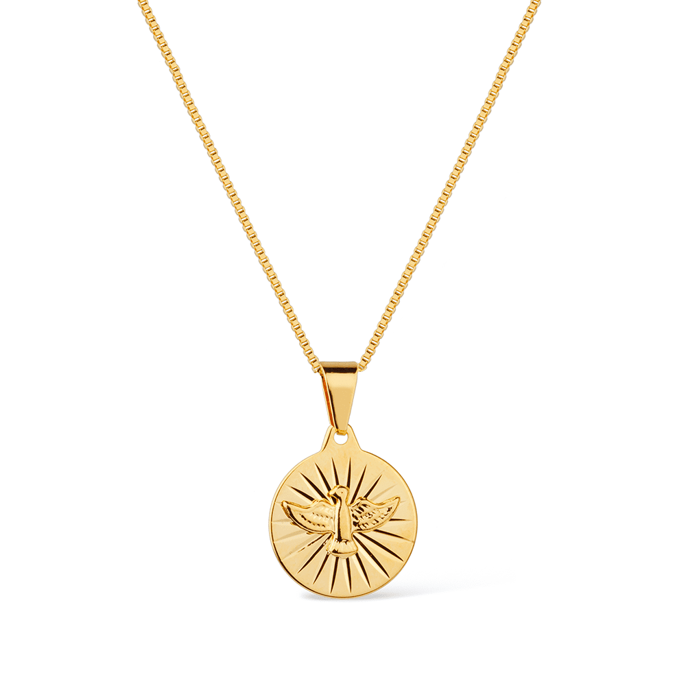 Colar Medalha Espírito Santo em semijoia de alta qualidade 24K, antialérgica com 10 camadas de ouro, pingente 1,5cm, corrente 45cm.