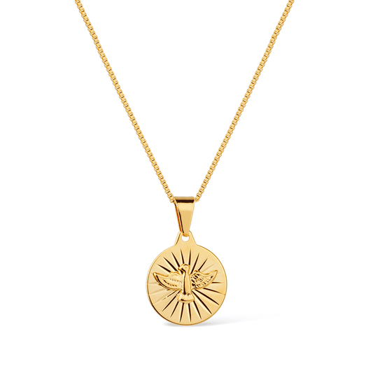 Colar Medalha Espírito Santo em semijoia de alta qualidade 24K, antialérgica com 10 camadas de ouro, pingente 1,5cm, corrente 45cm.