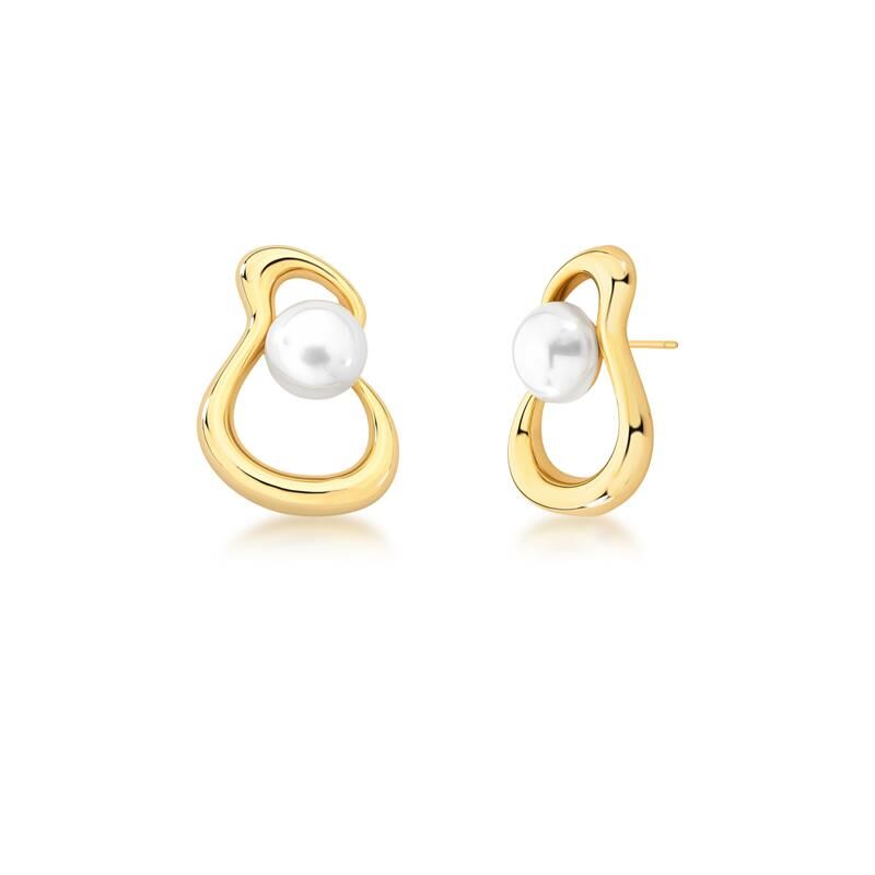 Brinco Perla Orgânica em banho dourado, altura 2,8cm, com cristal e zircônia, semijoias antialérgicas 18k de alta qualidade. Elegância e conforto.