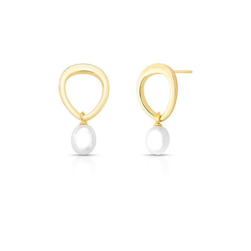Brinco Perla Flow em ouro 18k e 24k com pérola shell; semijoias antialérgicas de alta qualidade, altura 3,3cm, largura 1,7cm.