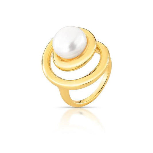 Anel Perla Arte dourado com pérola shell, largura de 9mm, semijoia antialérgica de alta qualidade 18k e 24k.