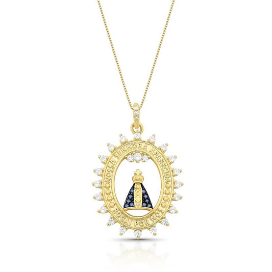 Colar Rainha Nossa Senhora, semijoia de alta qualidade com banho dourado e cristal antialérgico, 18k e 24k.