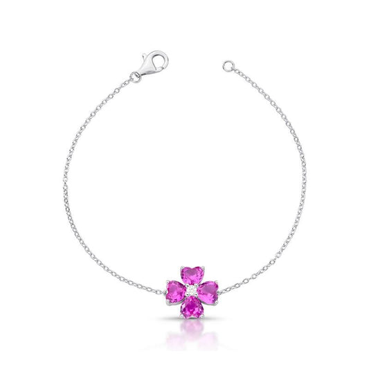 Pulseira Prata Flor em Cristais Rosa