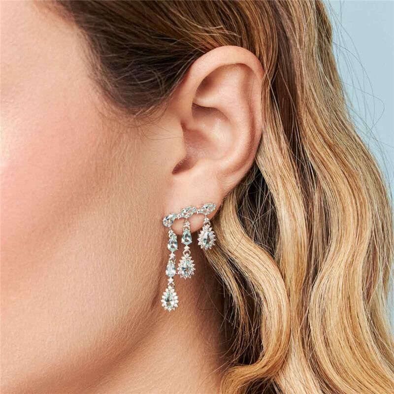 Brinco Ear Cuff Pêndulo com Cristais Verdes Prata 925