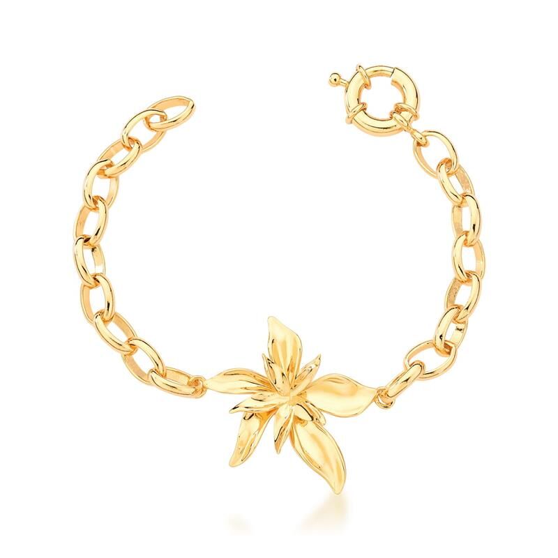 Pulseira Orquídea Dourada, semijoia de alta qualidade com acabamento liso, ouro 18k e 24k, tecnologia antialérgica, 19cm, 15,10g.