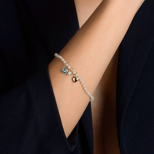 Pulseira Perolada Olho Grego, Coração e Luz
