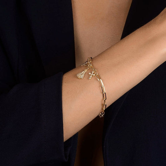 Pulseira Religiosa em Zircônia Dourada (Nossa Senhora, Espírito Santo e Cruz)