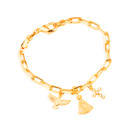 Pulseira Religiosa em Zircônia Dourada (Nossa Senhora, Espírito Santo e Cruz)