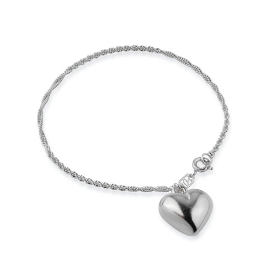 Pulseira Coração Único em Cordão Baiano Prata