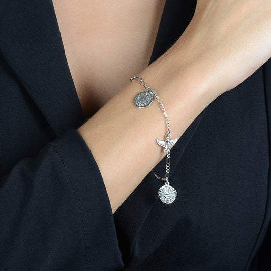 Pulseira Espírito Santo e Pai Nosso Prateada